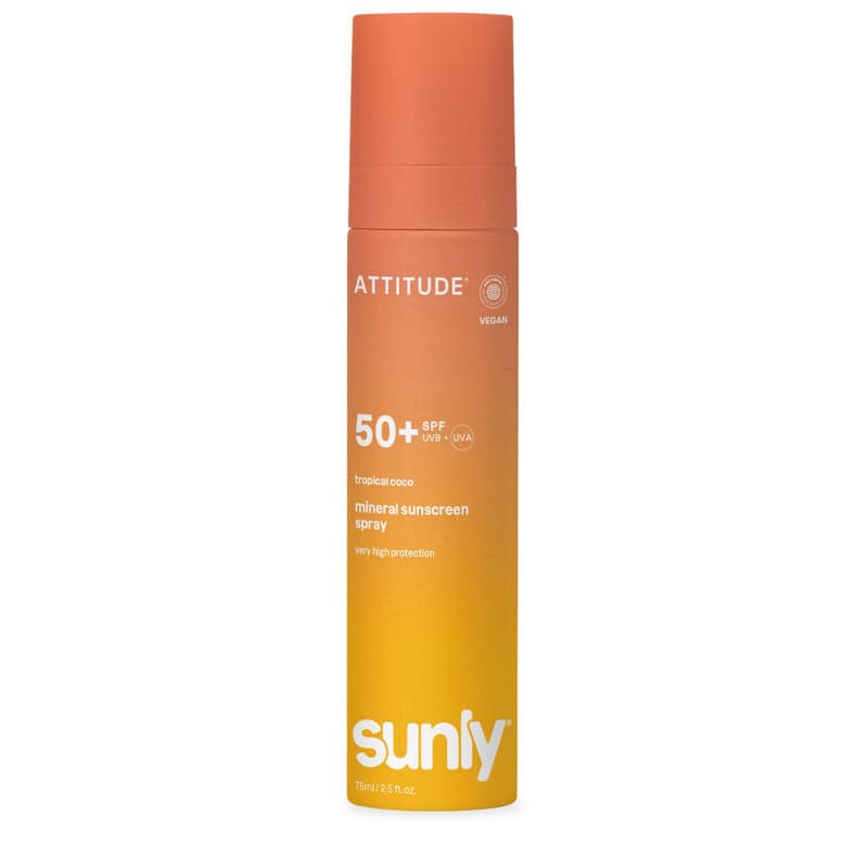 ATTITUDE Sunly Minerální opalovací krém ve spreji 50+ s vůní tropického kokosu 75 ml - ATTITUDE