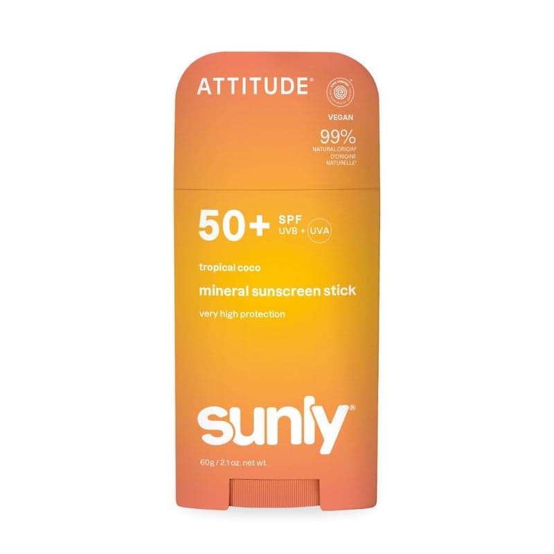 ATTITUDE Sunly Minerální opalovací krém (tyčinka) SPF 50+ s vůní tropického kokosu 60 g - ATTITUDE